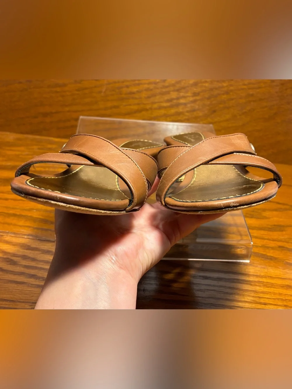Y2K VTG Cole Haan Leather Cross Strap Medallion Wedge Slide Sandals Tan Sz 7
